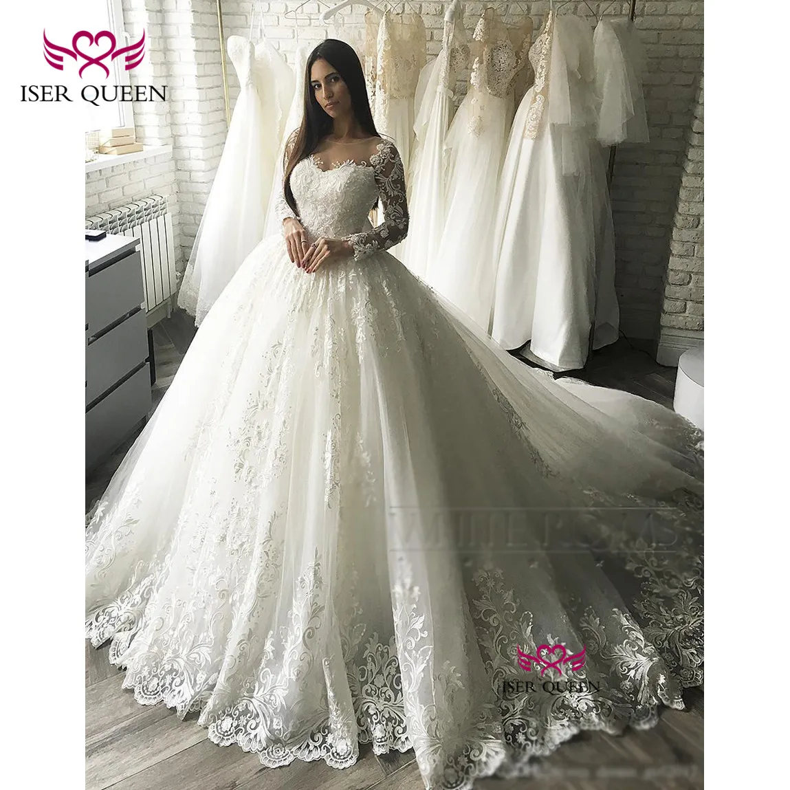 

Vintage See-through Long Sleeves with Exquisite Embroidery Wedding Gown 2019 Sequined Button and Lace up Wedding Dress w0349
