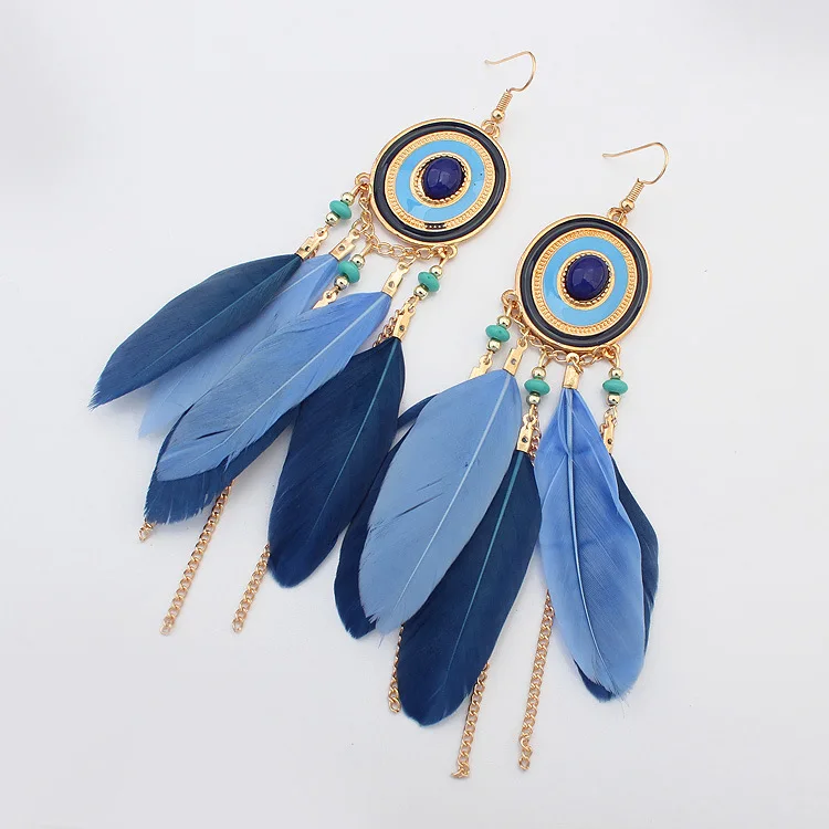 

SOEI Vintage Multicolor Feather Earrings For Women Girl bijoux Long Dangle Sector Earring Hook Statement Bohemian Ethnic Jewelry