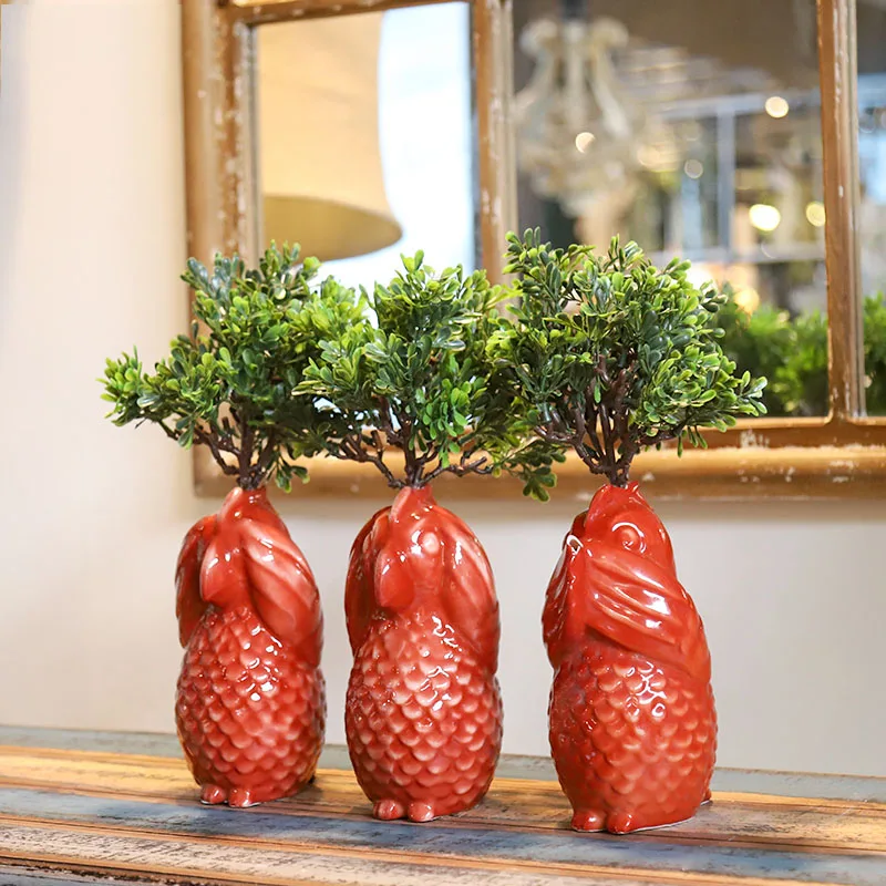 

Creative No See No Say No Listen Red Parrot Sculpture Statue Decorative Crafts Flower Vases Simulation Pot For Home Wedding