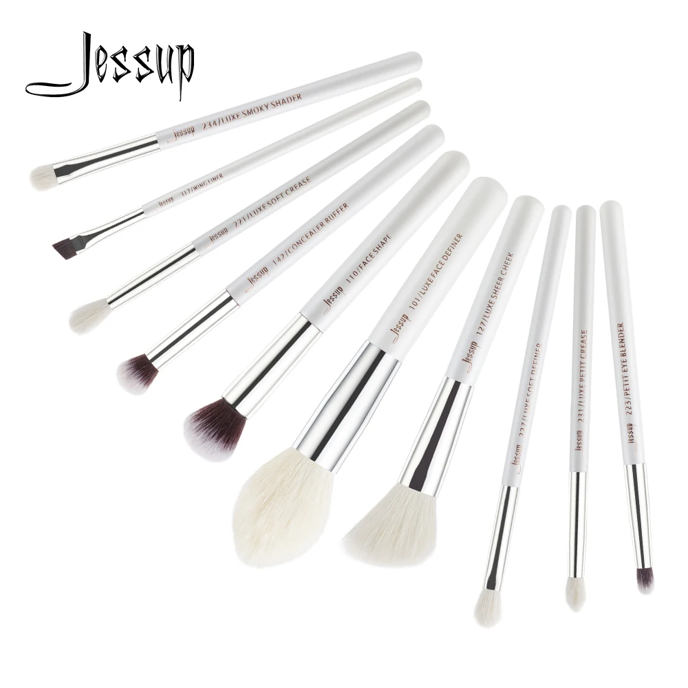 

Jessup Brushes 10pcs White/Silver Natural Hair Professional Cosmetic Makeup Brushes Shader Crease Makeup Brush Kit T243