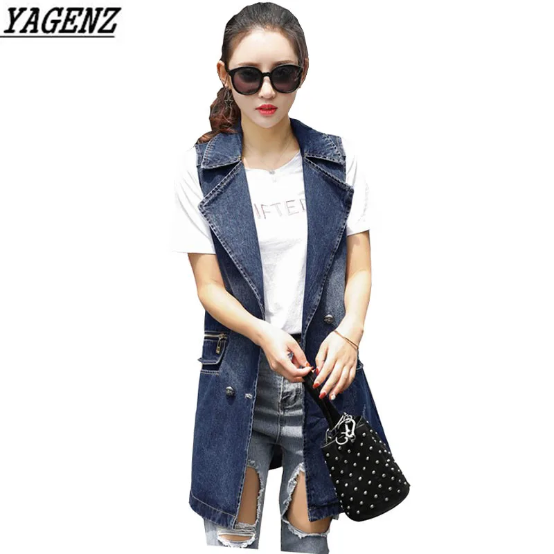 Women Long Denim Vest 2017 Spring Fashion Double breasted Jeans Jacket
