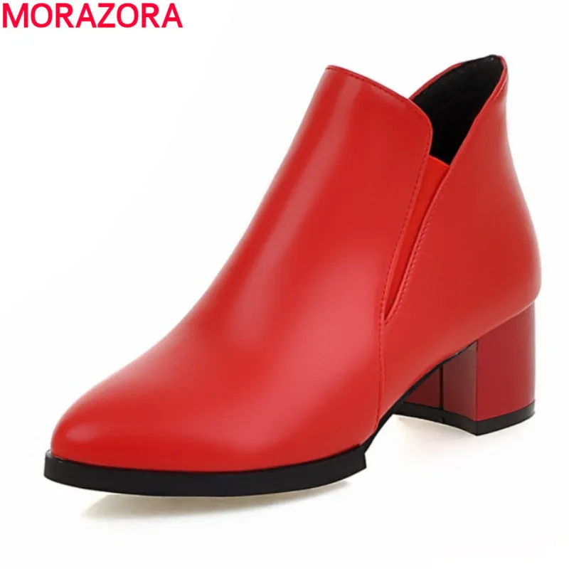 

fashion 2017 med heel pointed toe ankle boots high quality pu soft leather black red autumn winter women shoes