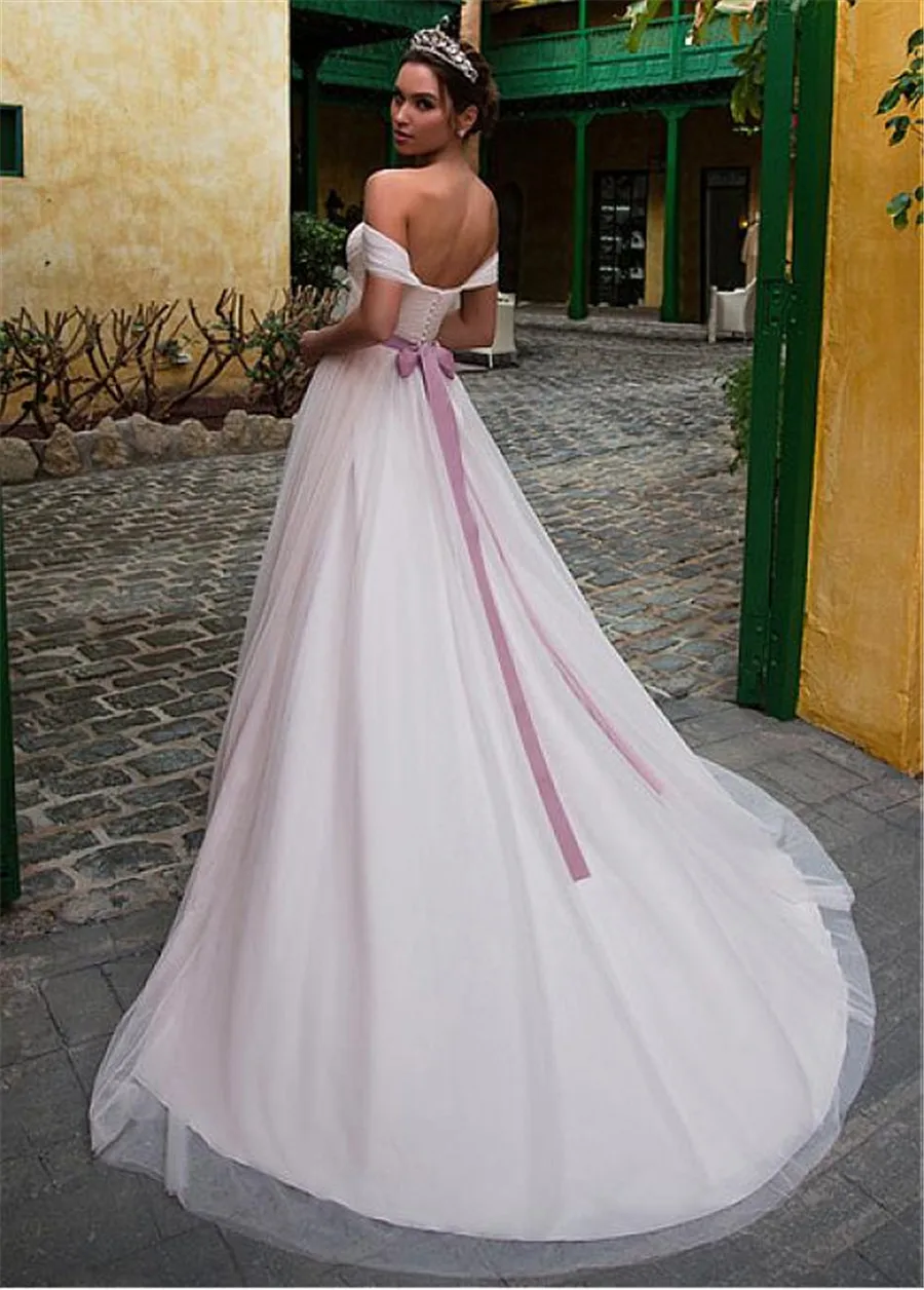 Elegant Tulle Off-the-shoulder Neckline A-line Wedding Dress With Belt Dusty Pink Bridal Dress vestido de madrinha