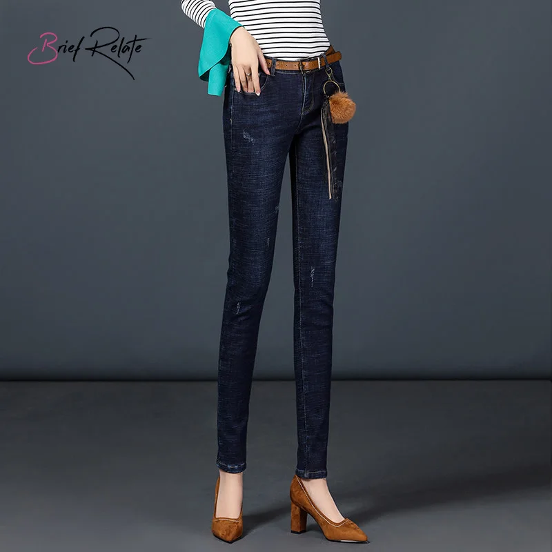 

Brief Relate Jeans Woman Warm Fluff Elastic Durable Jeans Full-length Pencil Pants Cold-resisted Pants