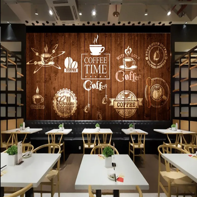 

Free shipping Hand painted coffee coffee cup mural custom cafe restaurant lounge Wooden painting wallpaper
