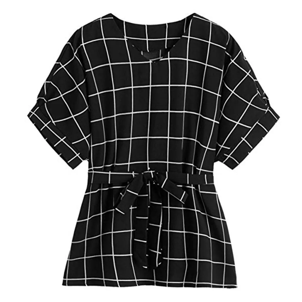 

Cute Girl Lolita Style Summer Tshirts For Women Casual Self Tie Short Sleeve V Neck Lattice Tshirt Plaid Top Cami Female T-Shirt
