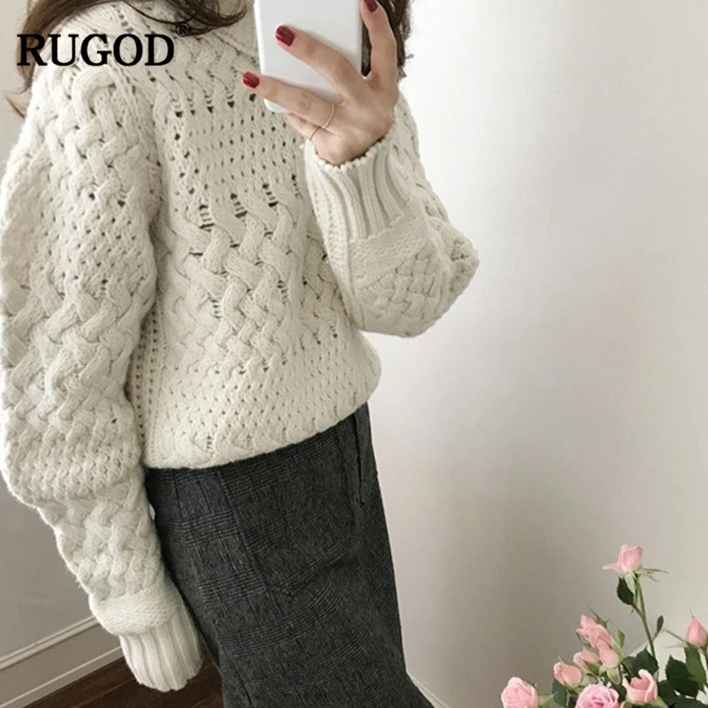 RUGOD Модный женский Однотонный свитер осень зима Повседневный вязаный пуловер с круглым вырезом и длинным рукавом для женщин Sueter Mujer