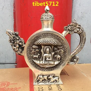 

Chinese old Tibetan bronze dragon deer Shakyamuni buddha statue teapots pot Garden Decoration 100% real Tibetan Silver Brass