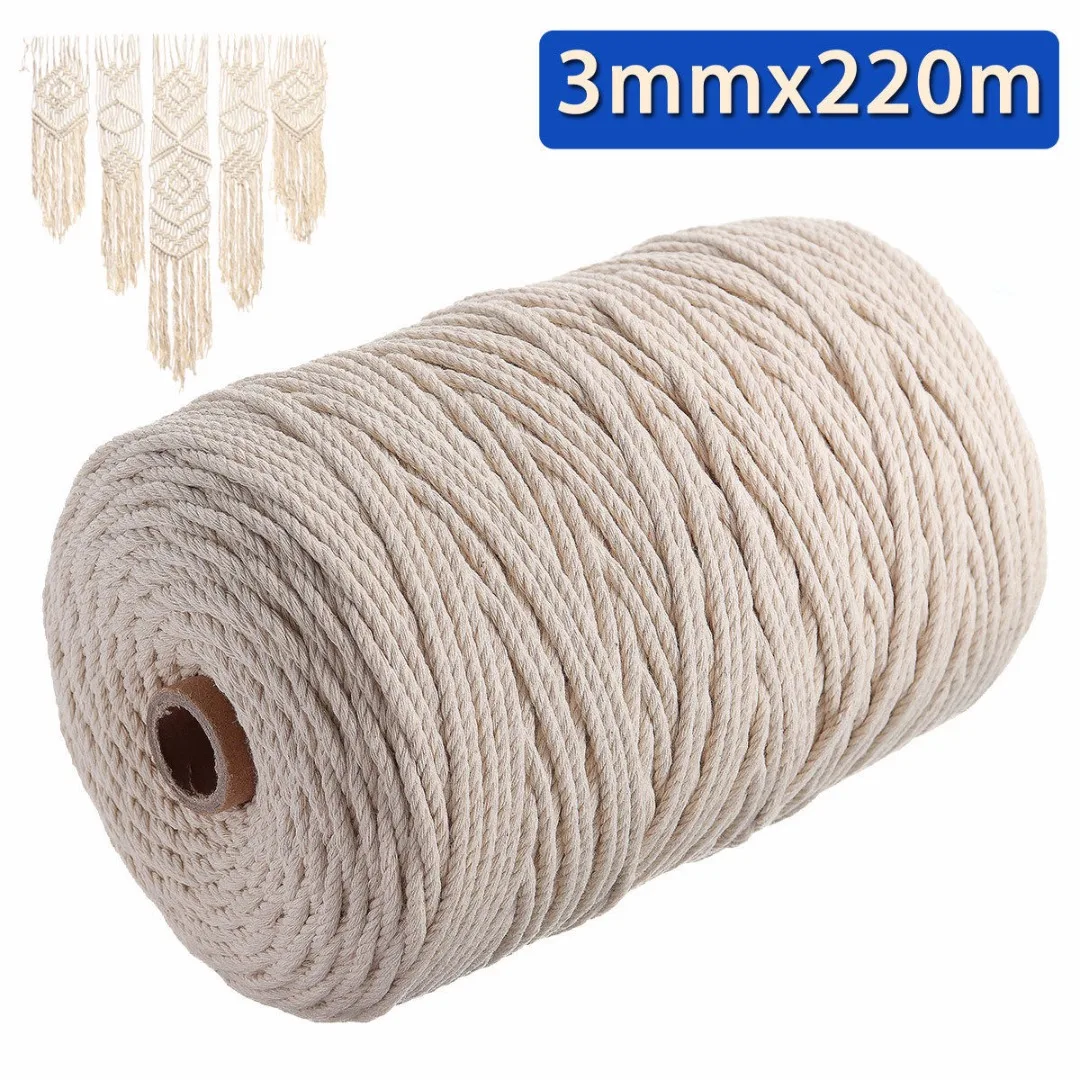 220M 3mm Natural Beige Soft Cotton Twisted Cord Rope Craft Macrame Artisan String DIY Handmade Tying Thread Cord Rope  Diameter
