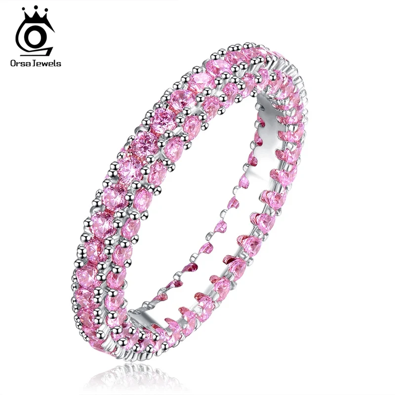 

ORSA JEWELS Women Rings Eternity Style Clear Pink Blue AAA Shiny Zircon Full Pave Setting Wedding & Engagement Jewelry PR62