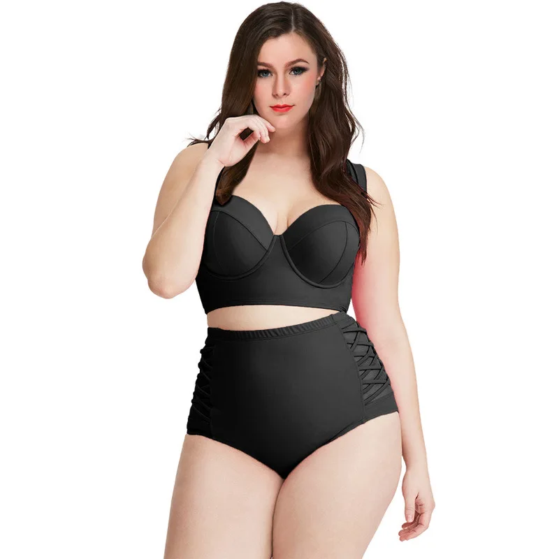 

2018 Summer Plus Size Swimwear Women's High Waisted Bikini set Swimsuit Sexy Bikinis Bathing pure color Suits 2XL-5XL