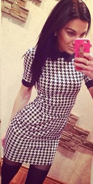 

2017 Women Summer New Fashion Sexy Casual O-Neck Regular Short Sleeve Geometric Sheath Cotton Houndstooth Dress S3276