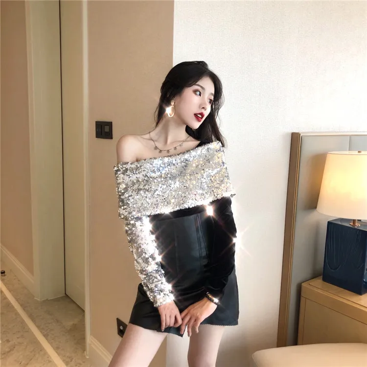 Настоящий Модный Топ с открытыми плечами, Корейская версия, Прошитый Золотой бархатный женский топ с блестками