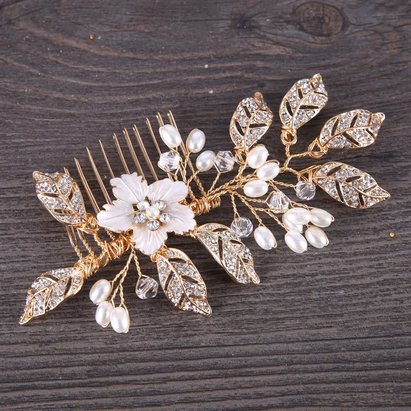 Luxury Gold Color Hair Combs Jewelry for Wedding Rhinestone Beaded Headdress Ornaments Pageant