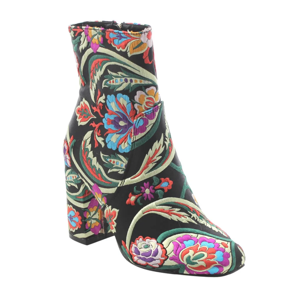 Fj59 womens shoes chunky high heel floral embroidery ankle bootiesin Fj59 womens shoes chunky high heel floral embroidery ankle bootiesin