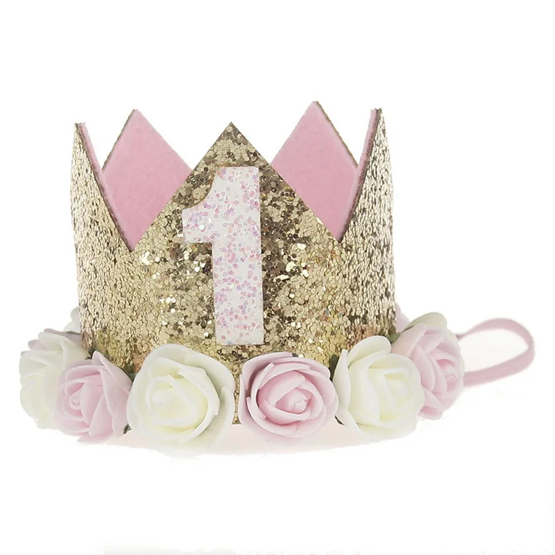 Вечерние шапка с цветком корона для маленьких девочек на день рождения 1, 2, 3 года Принцесса Корона вечерние Головные уборы Детские аксессуары для волос для фотосессии