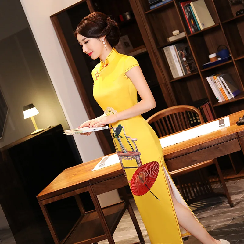 

Sexy Long Cheongsam 2019 Summer Vintage Chinese style Dress Fashion Womens Rayon Qipao Slim Party Dresses Button Vestido