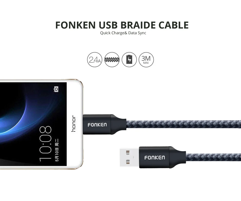 Кабель FONKEN с нейлоновой оплеткой type-C к USB кабель быстрого зарядного устройства 2128AWG 2.4A Быстрая зарядка данных Реверсивный USB C кабель для телефона