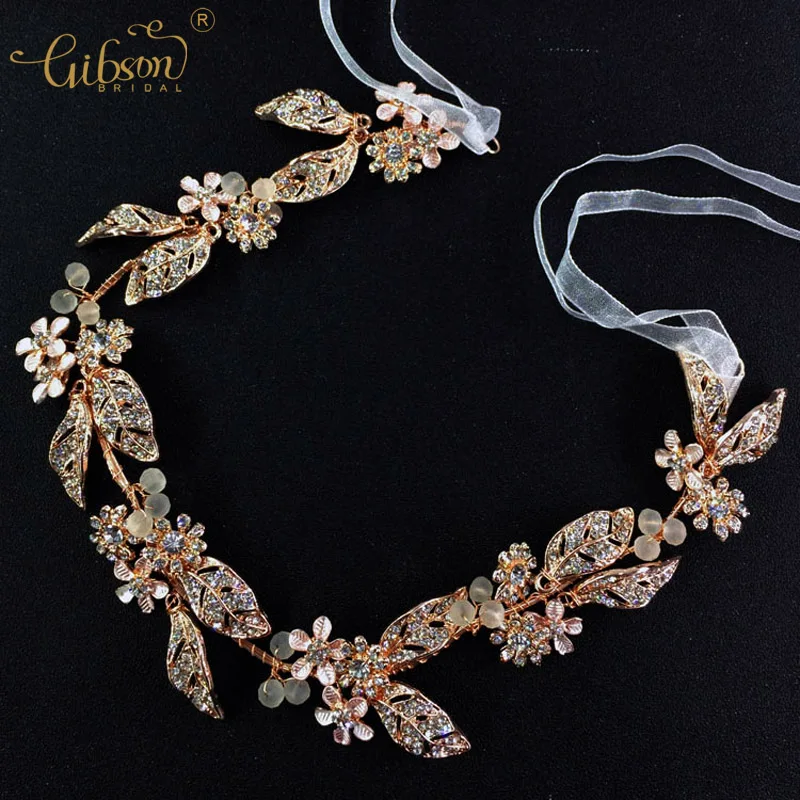 

Rose Gold Wedding Headband Tiaras Leaf and Flower With Rhinestone Bridal Hair Vine Dancing Headdress Photo Prop Headpiece