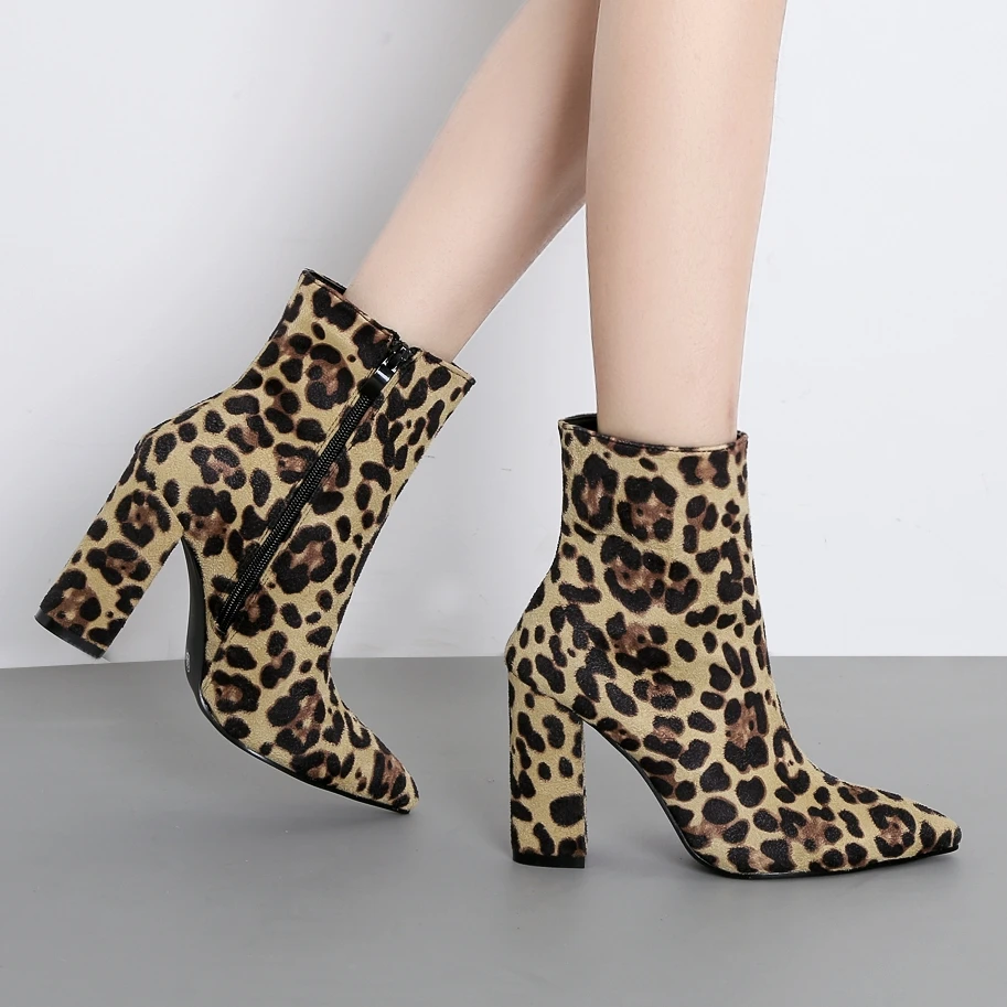 

Womens Pointed Toe Ankle Boots Leopard Pattern Block Chunky High Heel Side Zipper Shoes Gladiator A453