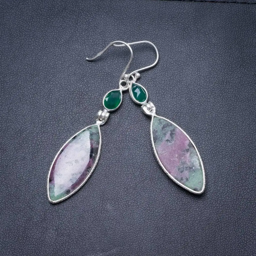 

Natural Ruby Zoisite and Chrysoprase Handmade Unique 925 Sterling Silver Earrings 2.5" Y3129