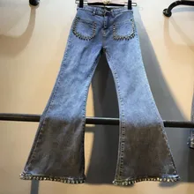 Джинсы с шипами для женщин весна новые тяжелые бусины алмазные джинсы с высокой талией для девочек студенческие джинсовые штаны длинные брюки