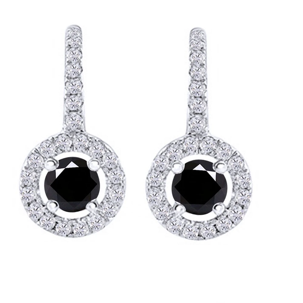 4.5 CT ROUND BLACK MOISSANITE 10K WHITE GOLD LEVER BACK HALO DROP EARRINGS