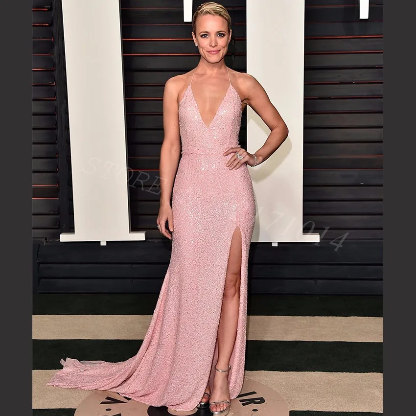 

2019 New Elegant Shining Cute Pink Sequins Sexy Deep V Side Split Halter Back Cross Red Carpet Dress Long Mermaid Prom Dresses
