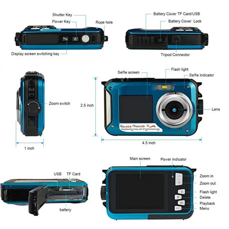 Cámara Digital TFT de 2,7 pulgadas impermeable 24MP MAX 1080 P doble pantalla 16x Zoom Digital videocámara HD268 Cámara subacuática