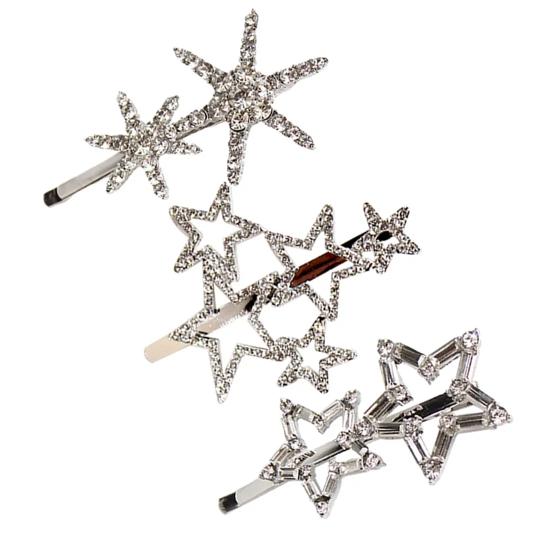 

Glitter Silver Straight Five-pointed Stars Women Girls Shimmer Rhinestone Hollow Out Star Snowflake Hair Clips