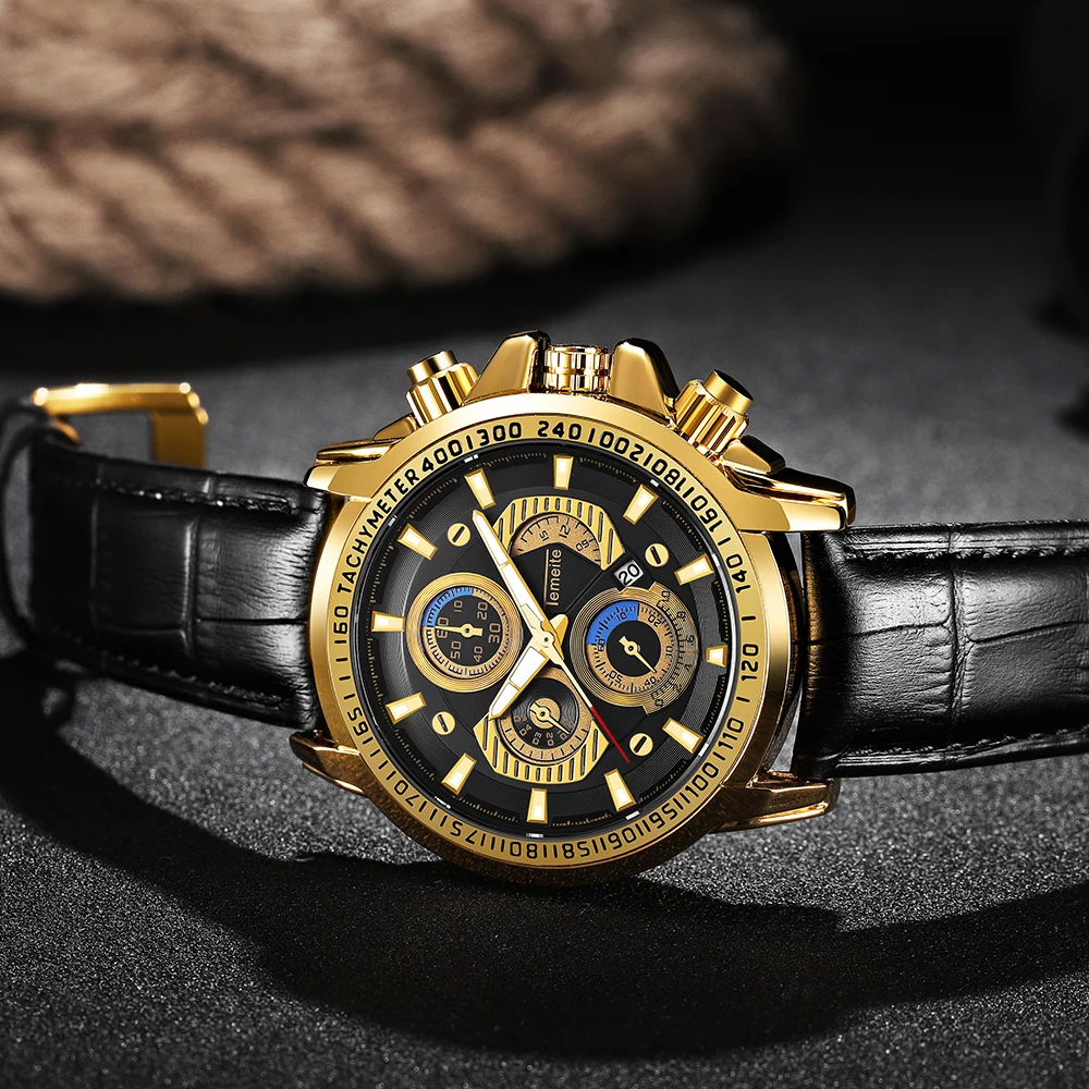 TEMEITE модные золотые мужские часы с черным кожаным ремешком от ведущего бренда, Роскошные Кварцевые наручные часы с календарем, часы с украшением