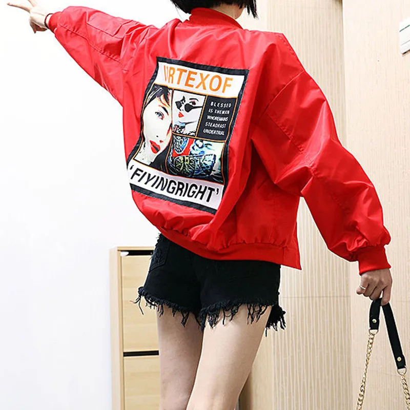 

Casual Thin Short Baseball Jacket Women Spring Autumn Korean Loose Clothes 2019 New Fashion Long Sleeve Printed Top red black