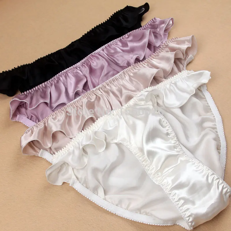 Ruffle Pure Silk Solid Panties Women 100 Mulberry Silk Antibiotic Sexy Plus Size Briefs L Xl