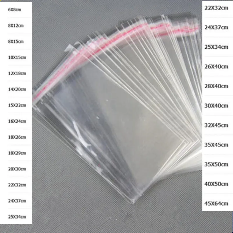 

100pcs 12 size to choose Clear Resealable Cellophane/BOPP/Poly Bags Transparent Opp for plastic storage bag Self Adhesive Seal