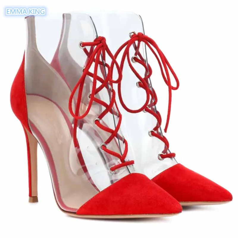 

EMMA KING New Mixed Colors Lace Up Thin High Heels Ankle Boots For Women Red Suede Transparent Stilettos Fashion Botines Mujer