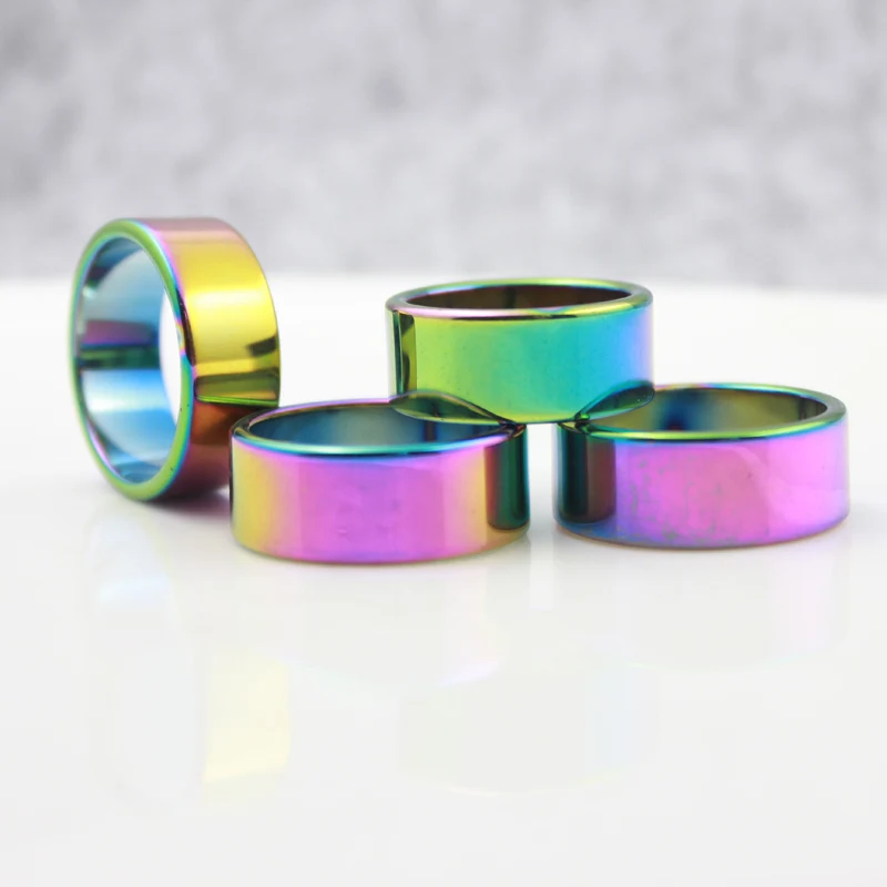 SexaMara New Women Jewelry Grade AAA Quality Rainbow Color Hematite Stone Rings 10mm Width Flat Hematite Rings (1 Piece) HR1006