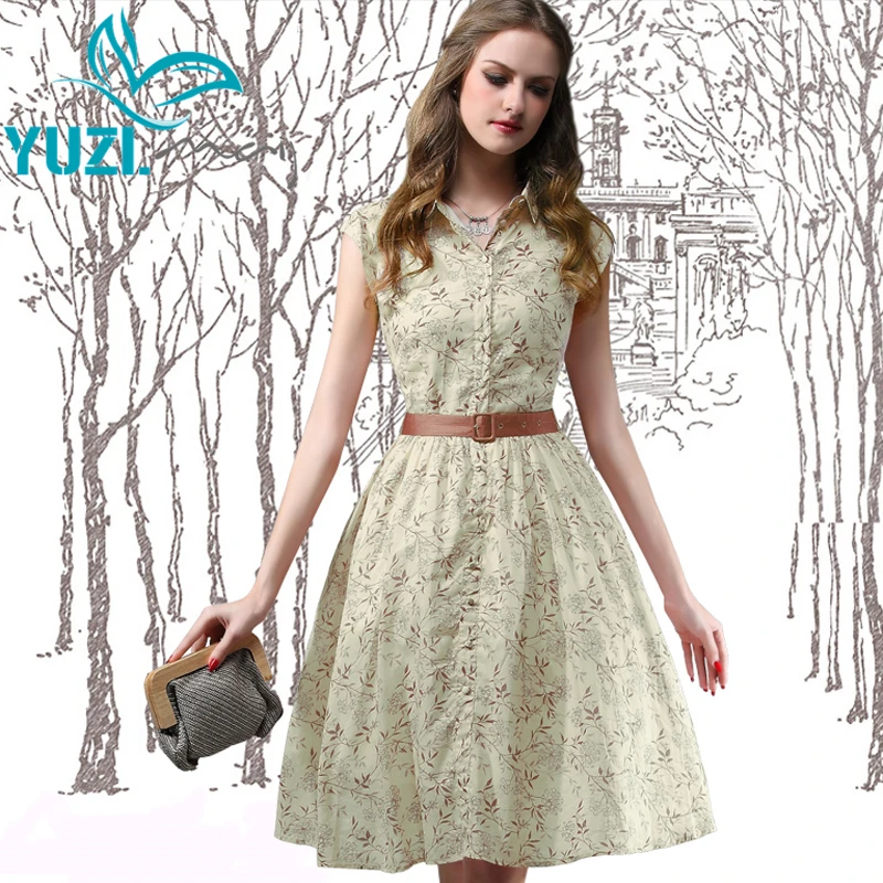 

Summer Style Dresses 2017 Yuzi New Vintage Cotton Women Dress Turn-down Collar Sleeveless Tunic Bleted Sundress 68020 Vestidos