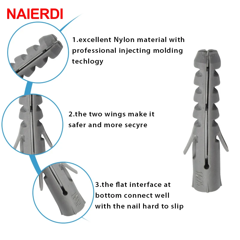 50PCS NAIERDI 5-8mm Screws M5-M8 Rubber Expansion Pipe Flat Round Head Self-Tapping Screw Nylon Tube Wall Wood Hardware Tool