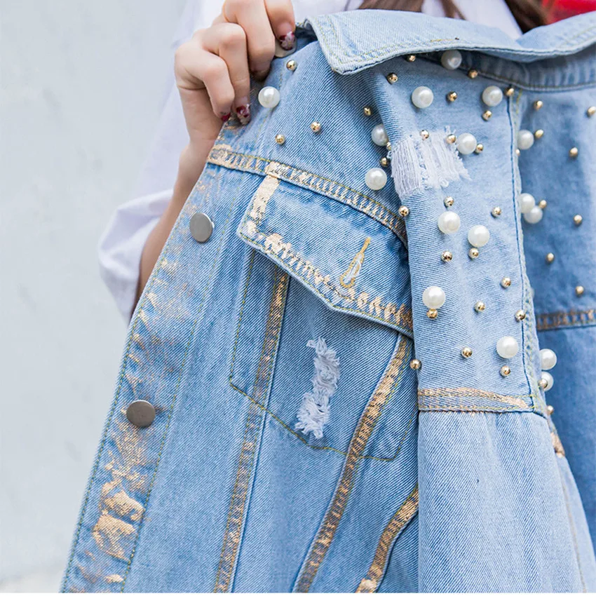 2018 Fashion Beading Hole Pearl Denim Jacket Women Basic Coats Ladies Plus Size Casual Jeans Coat Outwear Jackets Chaqueta Mujer