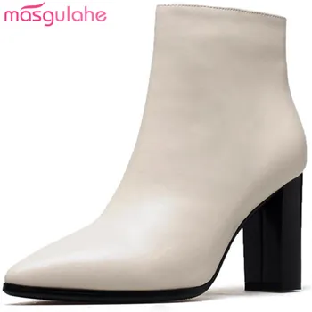 

Masgulahe 2018 autumn winter boots pointed toe high heels ankle boots side zipper cow leather boots women shoes plus size 34-42