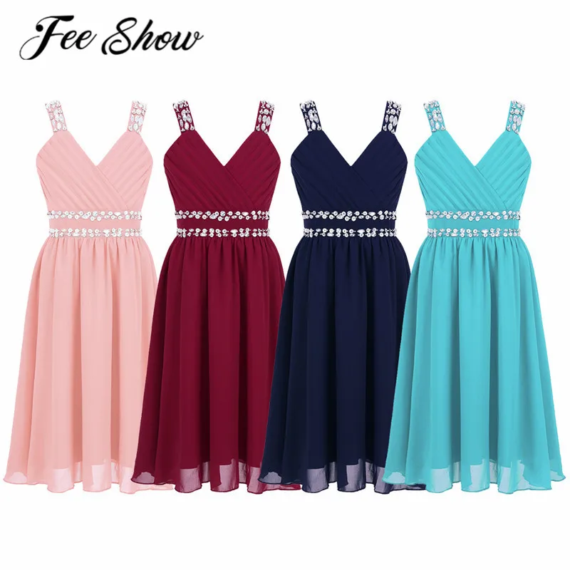 

FEESHOW Fashion Girls Summer Dress Clothing Sling Wide Strap V Neck Shiny Sequins Chiffon Dresses for Kids Wedding Party Dress