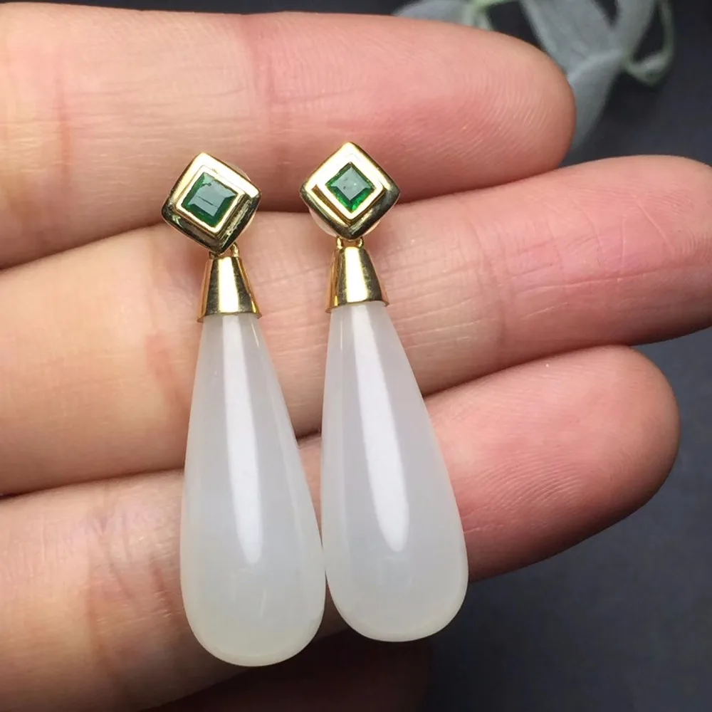 

Fine Jewelry Collection Real 18K White Gold AU750 100% Natural Hetian Jade Gemstones Emeralds Female Drop Earrings for Women