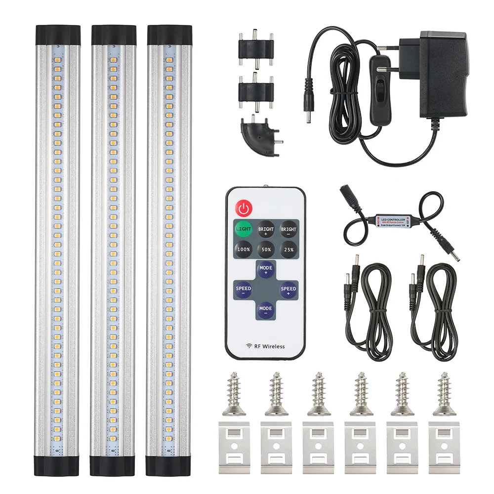 

LED Under Cabinet Light Kit 3pcs SMD3528 100-240v with Remote Control dimmable for book desk Cabinet Closet LED bar light