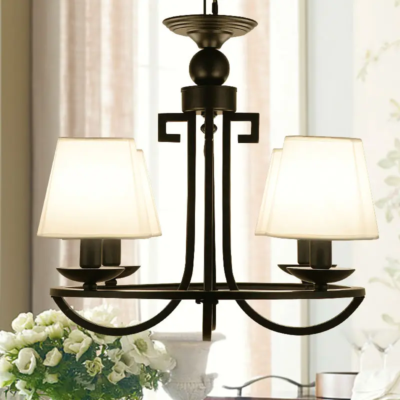 

Fabric Shade Wrought Iron Meander Chandelier Fixture Modern Asia Chinese Hanging Lamp Light Lustre Avize Luminaria Home Bedroom