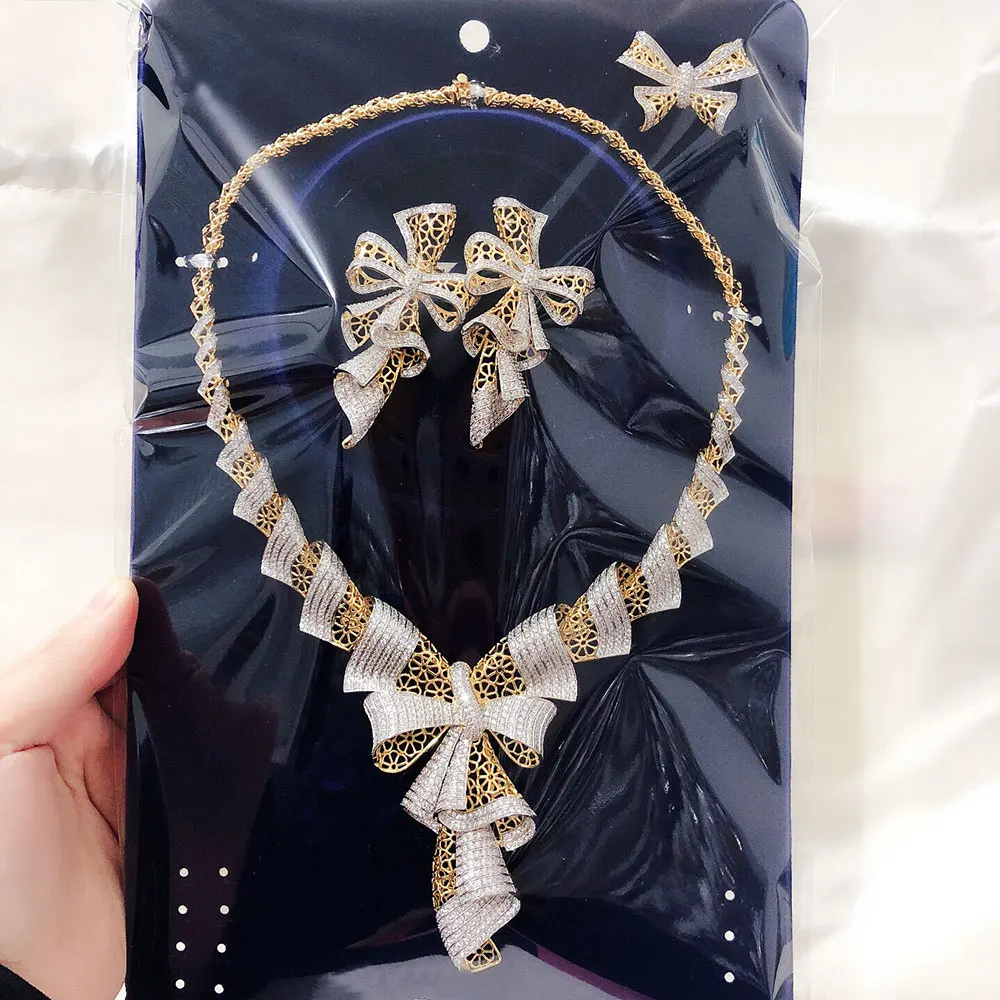 

Stock Deal Luxury Bowknot 4PC African Necklace Earring Set Jewelry Set For Women Wedding Zircon CZ Dubai Bridal jewelry Set 2018