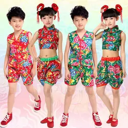 Китайская народная Yangko Детские Костюмы Одежда для танцев костюмы Обувь для девочек Бальные танцы Топы Корректирующие + Брюки для девочек
