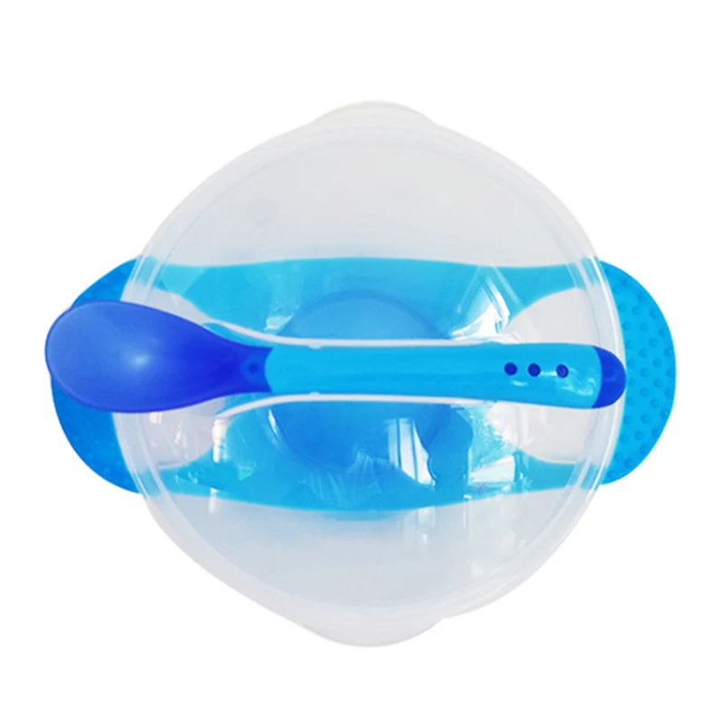 3 шт./компл. детская посуда столовая посуда всасывающая чаша с ложка с датчиком температуры детская еда детский обеденный миска для питомца посуда - Цвет: A3 Blue