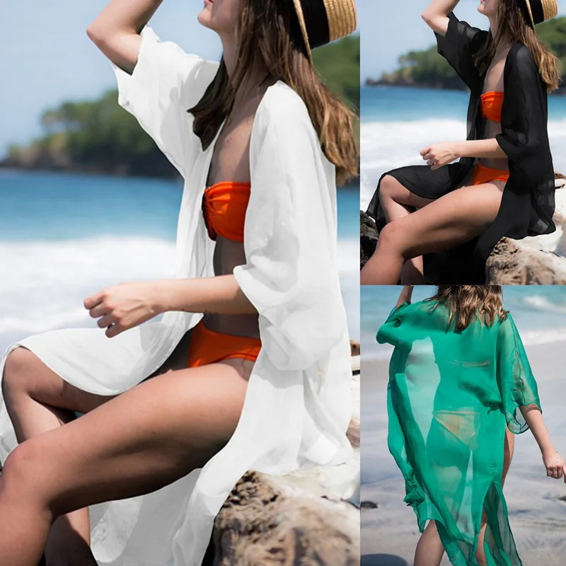 

2019 Women Sexy Chiffon Bikini Cover Up Beach Dress Swimsuit Long Solid White Sleeve Cover Tunic Sundress Vacation Robe De Plage