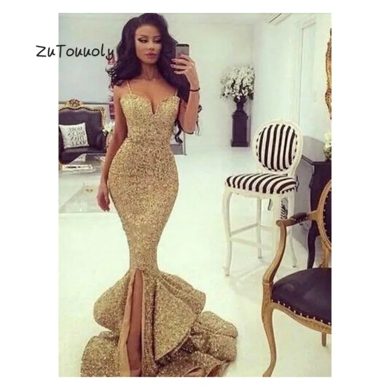 gold fishtail prom dress
