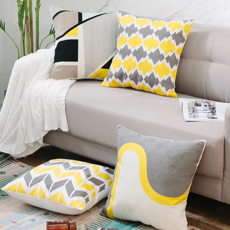 

Home Decorative Embroidered Cushion Cover Yellow Grey Geometric Arrow Canvas Cotton Square Pillow Cover Embroidery 45x45cm 18"